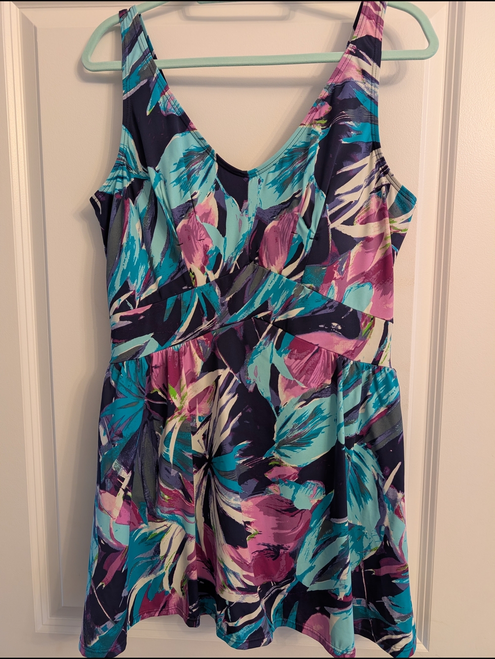 Tropical Paintbrush Sleeveless Swim Dress - Teal, Purple, Navy